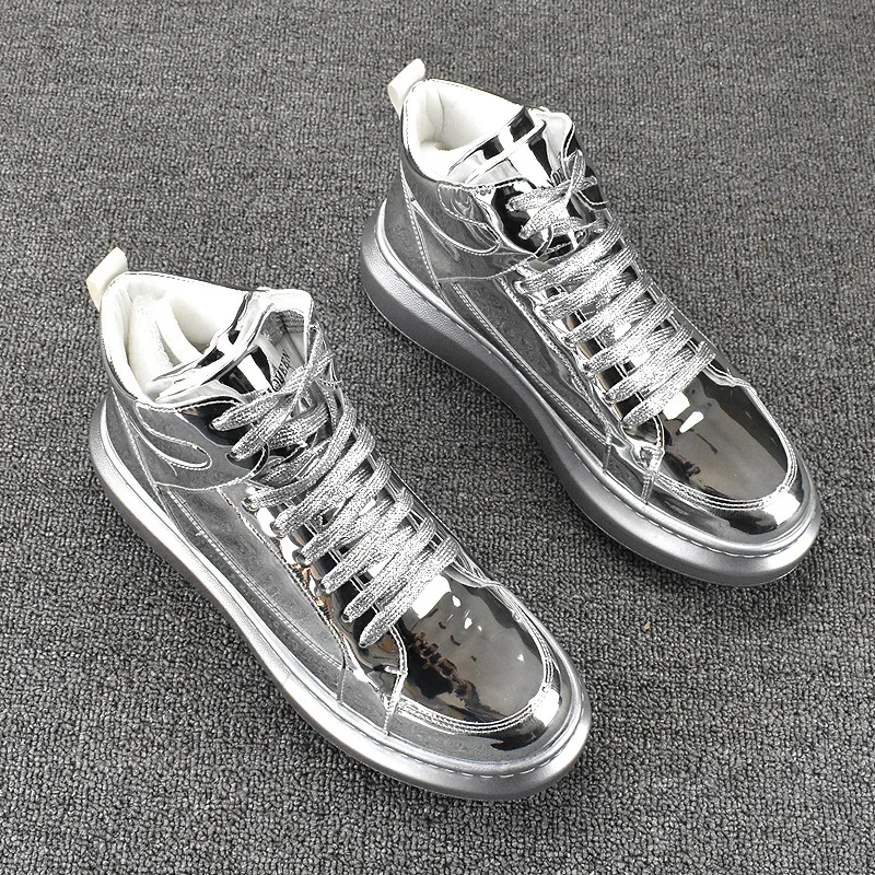 Bottes de moto montantes en cuir à lacets imperméables pour hommes, chaussures d'extérieur à plateforme, tendance, Gloden SLiver_voghion.com