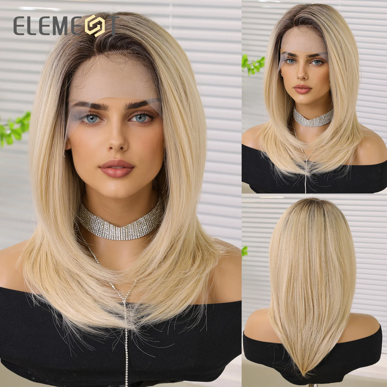 Synthetic Wig 13*5*1 Lace Ombre Dark Root to Blonde for Girls Daily Heat Resistant Transparent Glueless
