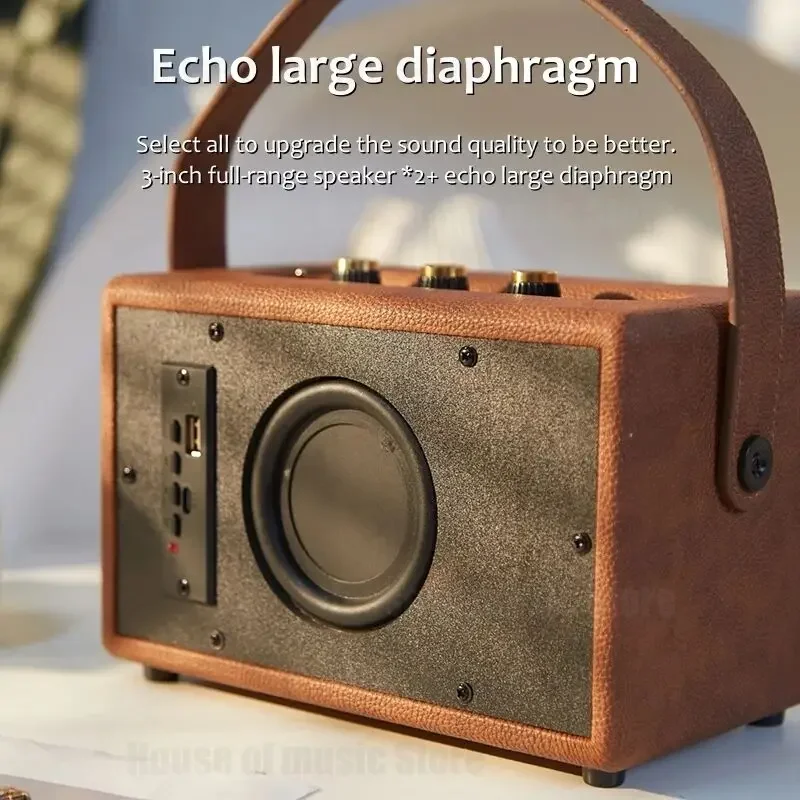 Bluetooth Speaker Professional Portable Wireless Vintage Bluetooth Speakers USB Card Reader Wooden PU Outdoor Home Music Player with Handle Grip