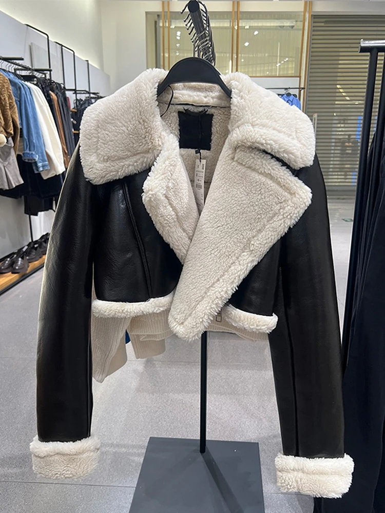 

Fitaylor New Autumn Winter Faux Lamb Leather Jacket Women Fashion Lapel Zipper Short Pu Coat Lady Thick Warm Moto Biker Outwear