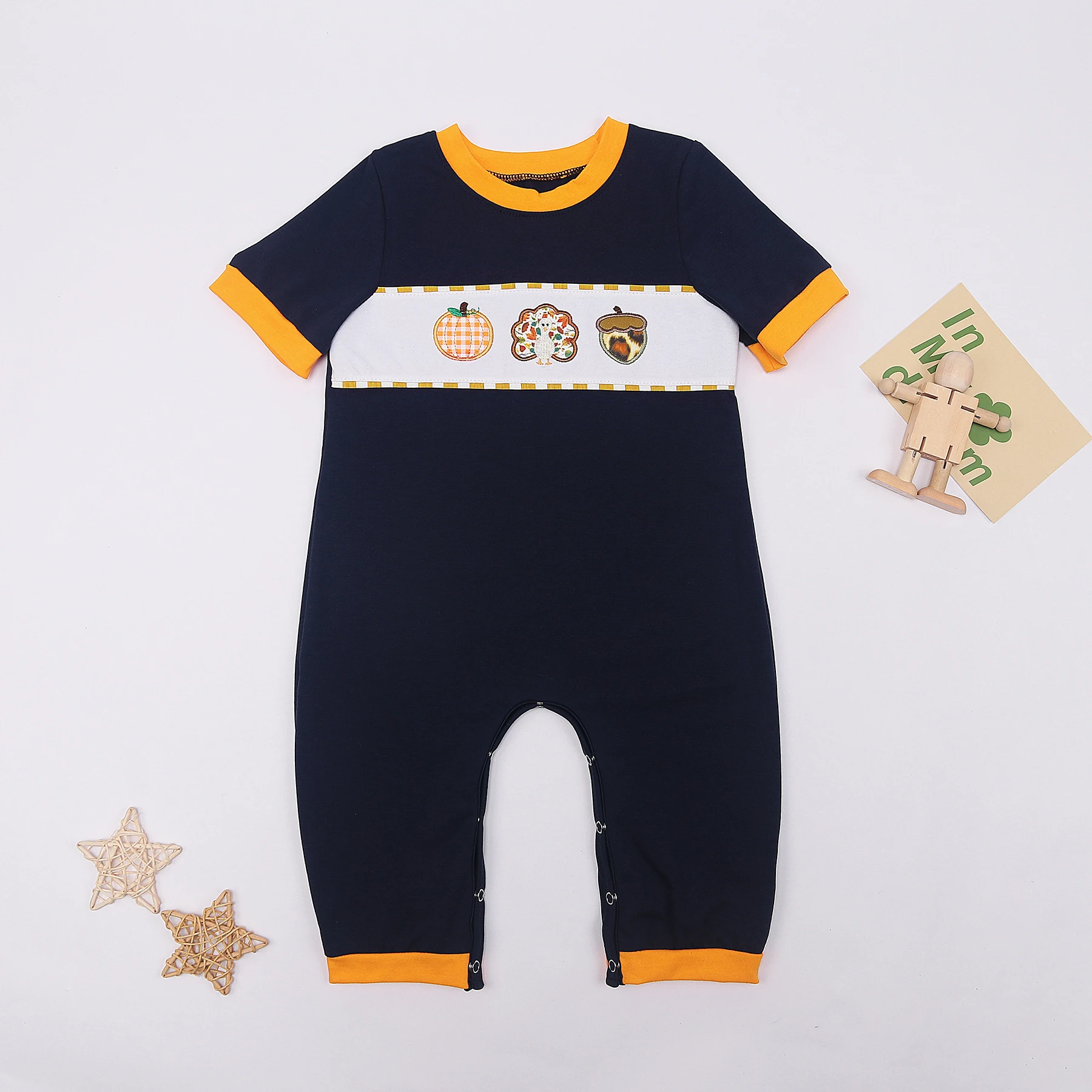 

0-3T Baby Boy New Design Clothes Dark Blue One Piece Cute Yellow Round Collar Romper Pants Fall Style Cozy Bubble