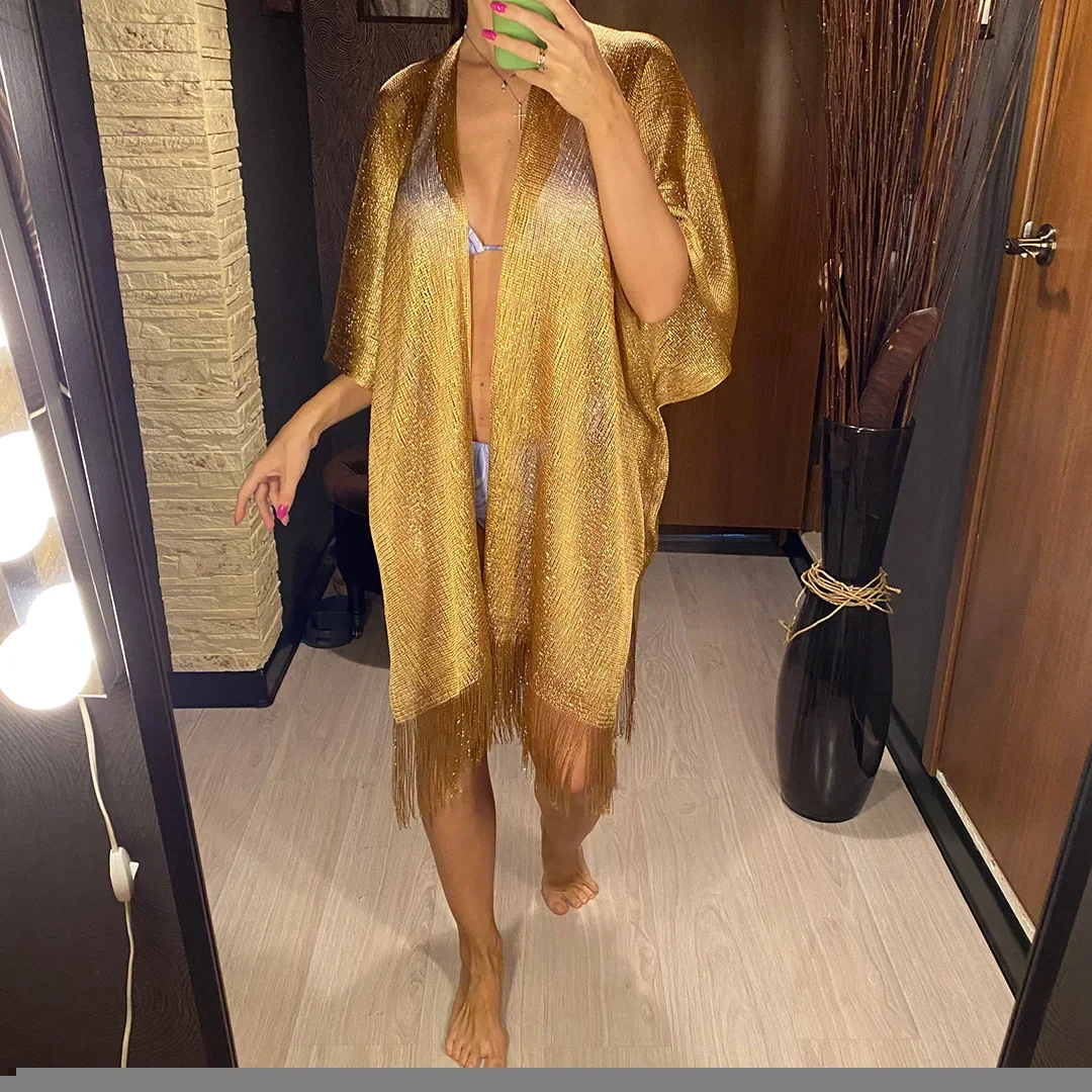 Sexy Fringe Tassel Mesh Sheer Shiny Knitted Tunic Beach Cover Up Cover-ups Beach Dress Beach Wear Beachwear Female Women