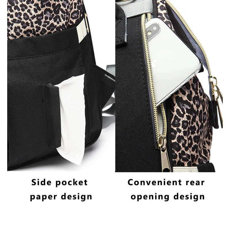 LEQUEEN Leopard Print Women Backpacks Multifunction Ladies Shoulder Backpack Large Capacity Mommy Bags Baby Changing Diaper Bags 5