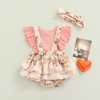 Infant Baby Girls Spring Summer Clothing Floral Print Ribbed Romper Ruffle Fly Sleeve Jumpsuit Headband Outfits 6
