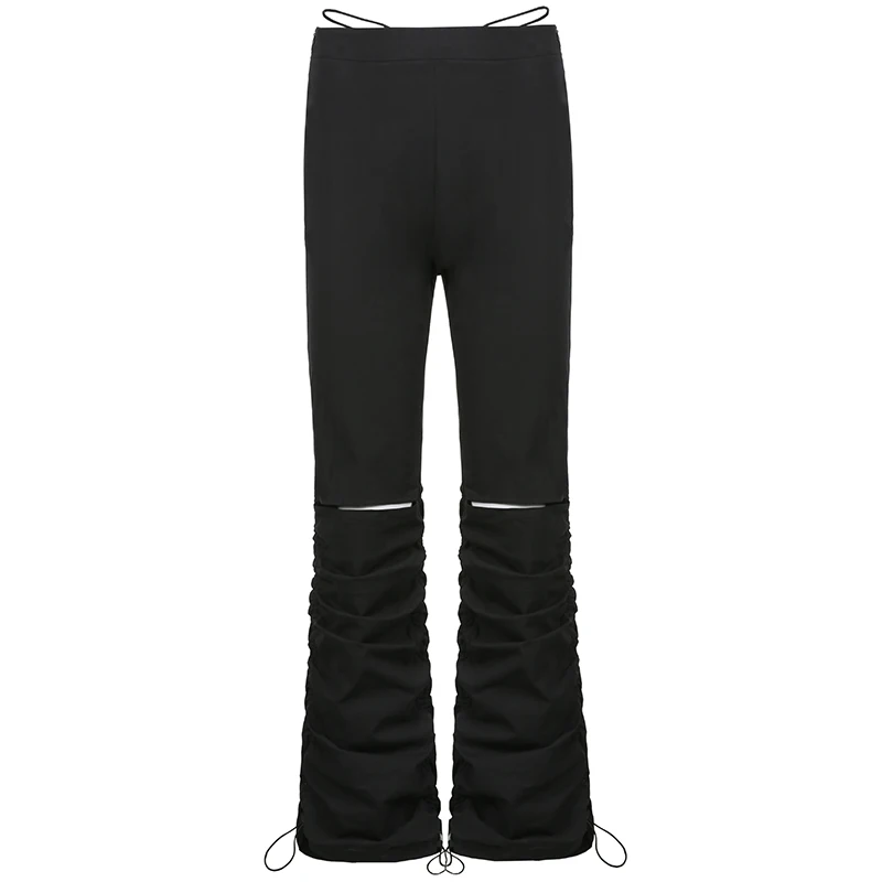 Black Hollow Out Pants Y2K Ruched Drawstring Trouser High Waist Cargo Pants Bandage Patchwork Pants Casual Women Streetwear 2023