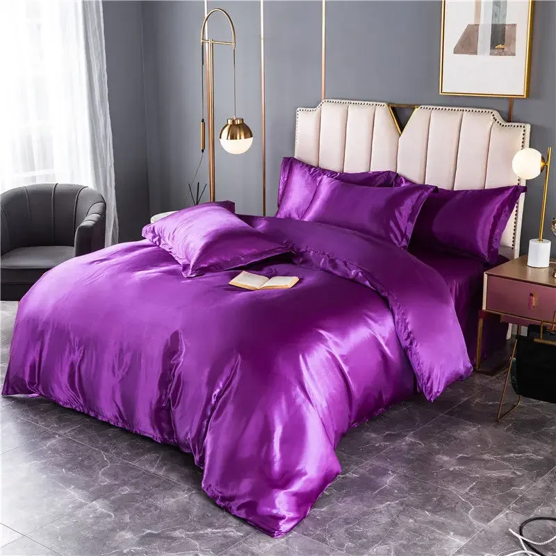 

Silk Bed Sheets Set with Pillows Case Bed Duvets Comforter Bedding Set 4 Pieces A/B Double-sided Color King Queen Full Twin Size