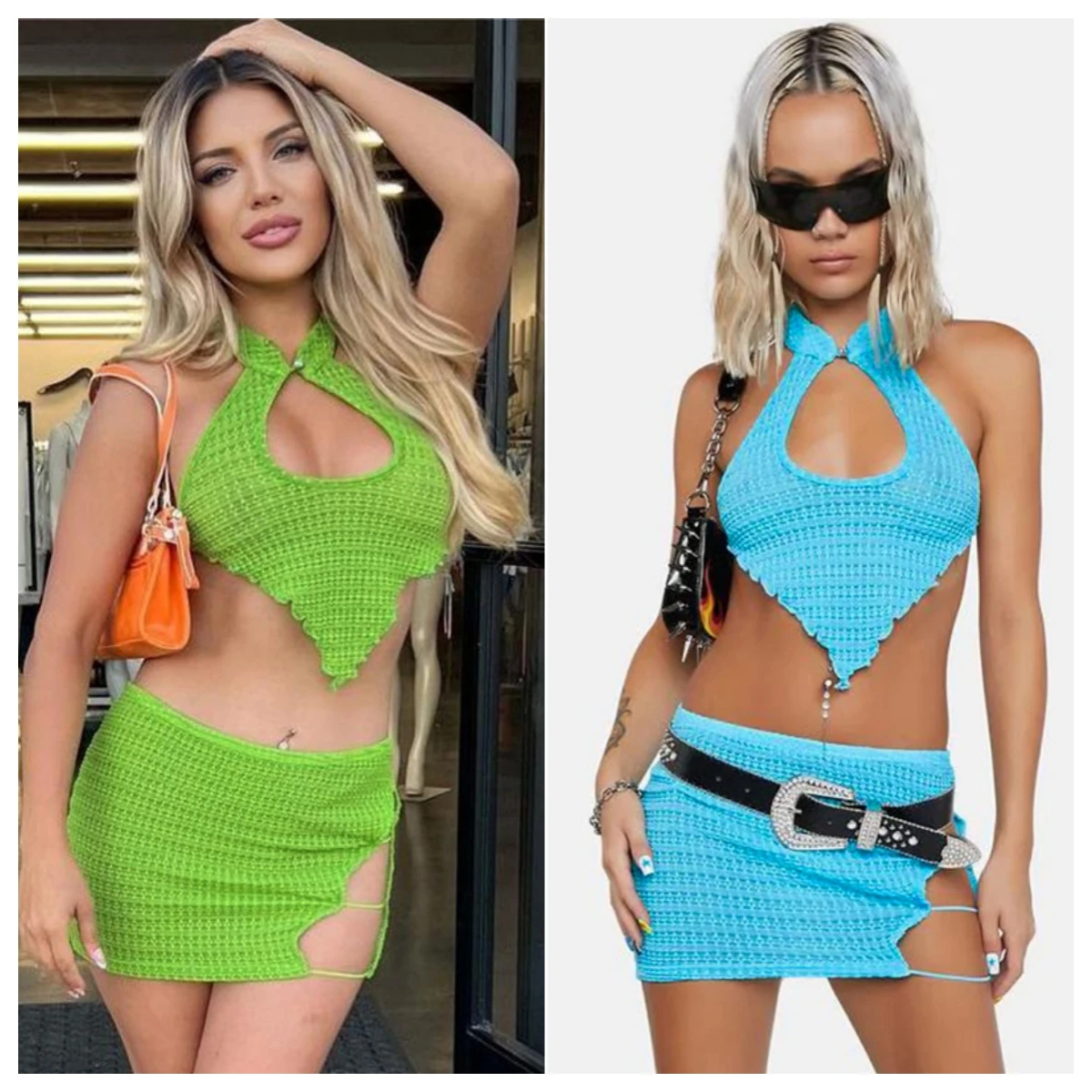 Hollow Out Knitted Stacked 2 Piece Dress Sets Women Solid Halter Backless Vests Crop Tops Cutout Mini Skirts Summer Beach Suits