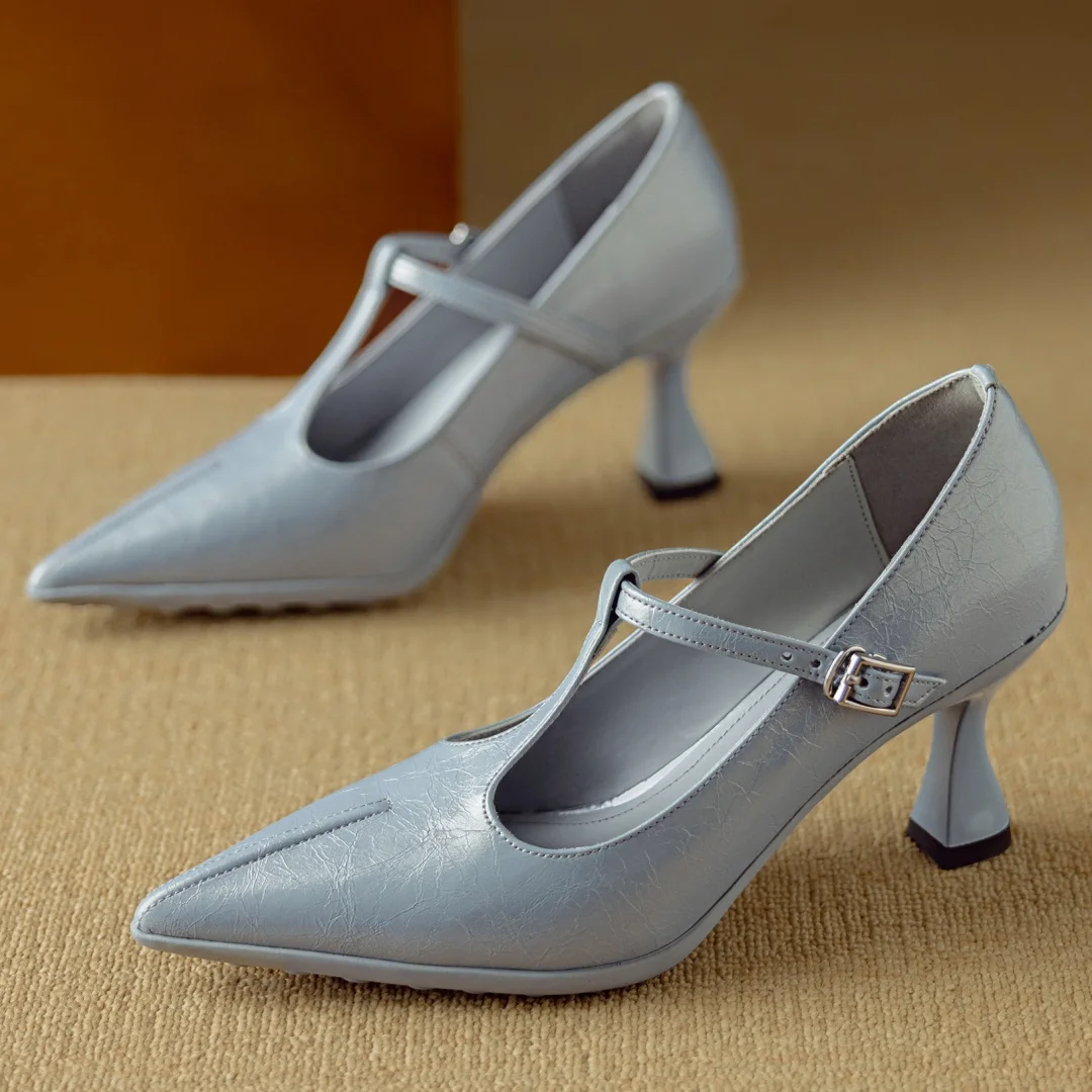 Women's genuine leather pointed toe metal buckle slip-on t-strap pumps elegant ladies 7.5cm thin high heeled daily dress shoes photo