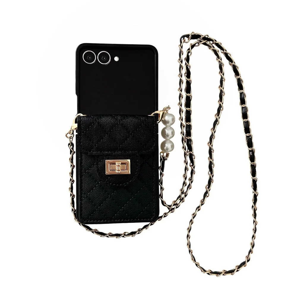 Pearl-Embellished Leather Phone Case with Shoulder Strap and Card Holder