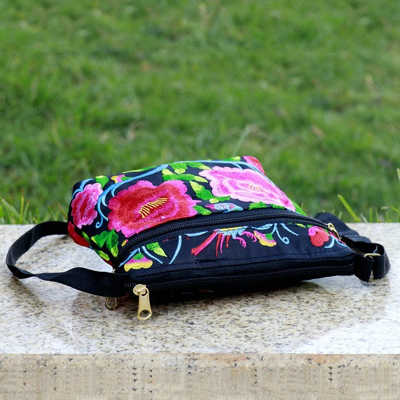 New Ethnic Style Embroidery Bag Three Zipper Women Shoulder Crossbody Bag Small Handbags for Women Casual Canvas Travel Bags