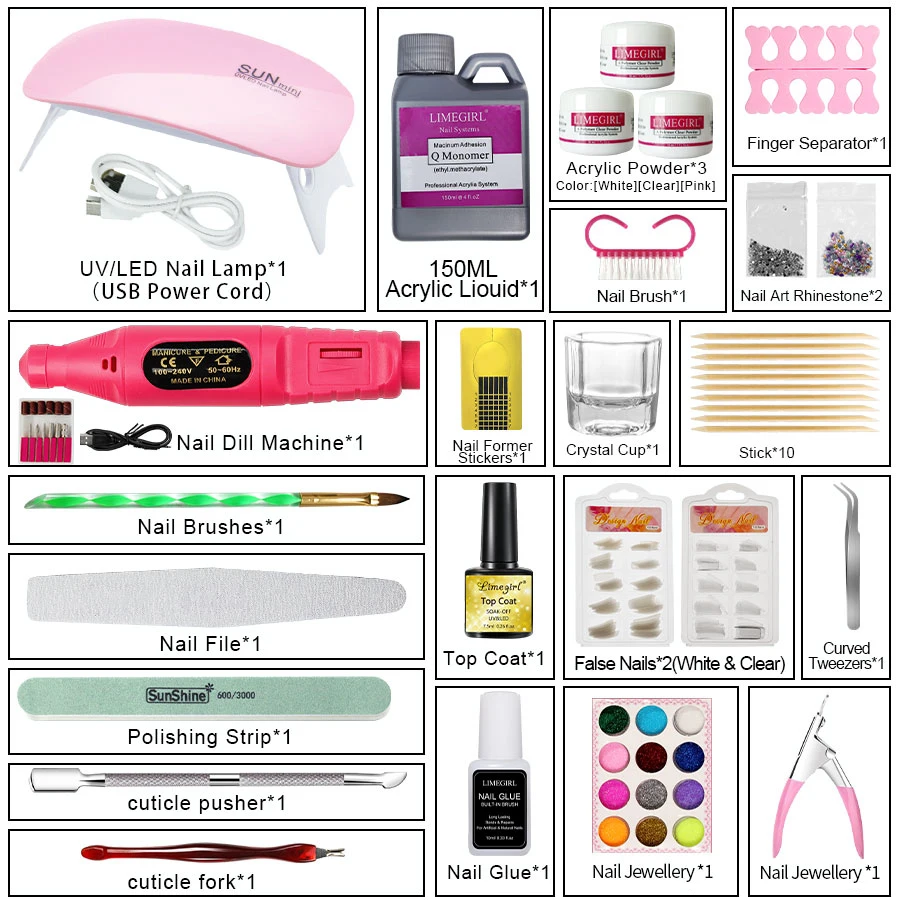 Limegirl Professional Nail Crystal Powder Kit with Nail Light Nail Shape 3D Nail Tip Sculpting Extensions DIY Nail Art Kit 2