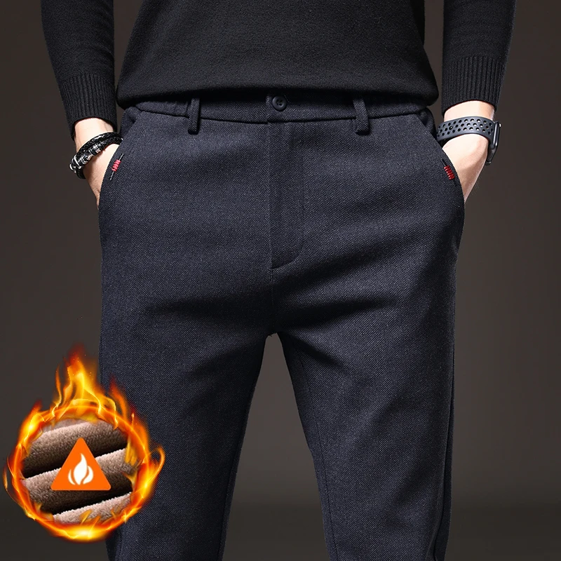 Winter Warm Men's Brushed Casual Pants Business Straight Slim Thick Fleece Trousers Plush Brand Male Clothes 28-38 2