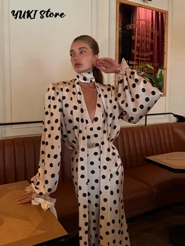 Elegant Satin Polka Dots Women's Maxi Dress Suit Ribbon V Neck Full Sleeve Waist Cinching Skirt Sets 2026 Evening Party Outfit 1