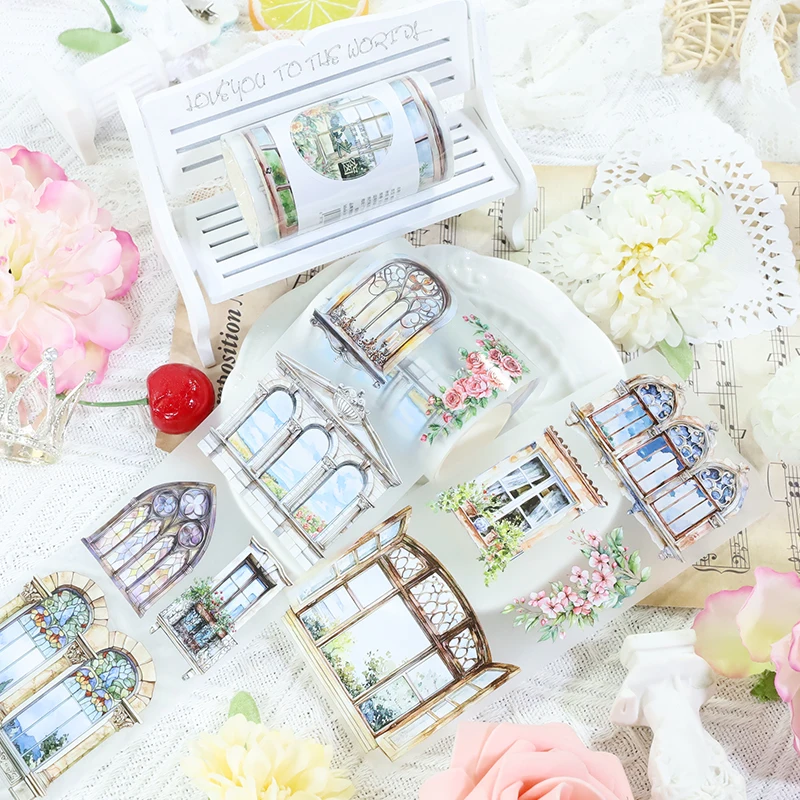 2m/롤 빈티지 수채화 창문 PET 테이프 꽃무늬 등나무 장식 테이프 스티커 스크랩북킹 저널 문구용