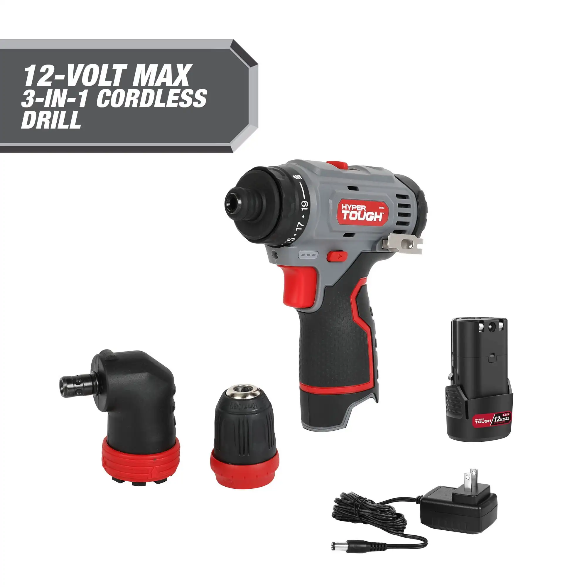 

Hyper Tough 12V Max Lithium-Ion 3-in-1 Multi-Head Power Drill Set with 1.5Ah Battery and Charger, 80003