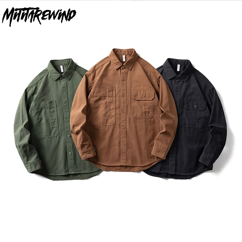 

Japanese Cargo Shirts for Men Autumn Caramel Long Sleeve Shirts Pure Cotton Top Vintage Clothes Youth Daily Causal Loose Shirt