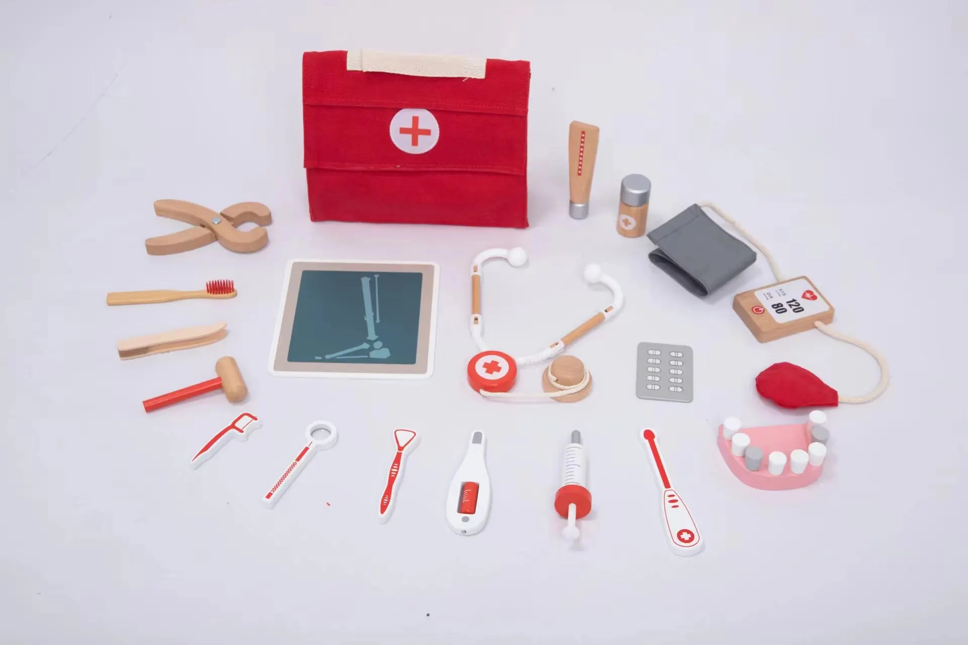 Wooden Children's Small Doctor Toy suit Pink Medical Bag Dental Injection Stethoscope