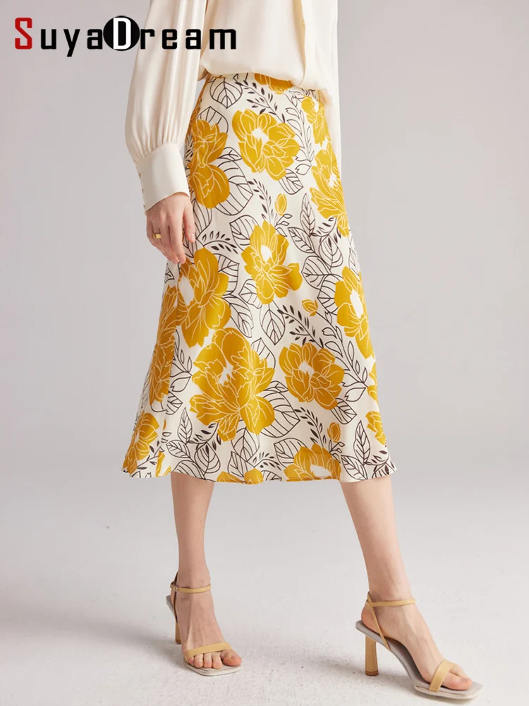 SuyaDream Floral Skirt for Woman 100%Real Silk A-Line Printed Zip Up Long Skirts 2023 Spring Summer Bottoms Yellow janevini 2023 white calla lily wedding flowers bridal bouquets artificial real touch tulip bride silk flower bouquet mariage