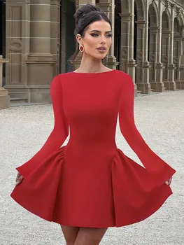 Mozision Elegant Long Sleeve Sexy Mini Dress For Women Solid O Neck High Waist A-line Bodycon Club Party Dress Clubwear New 2
