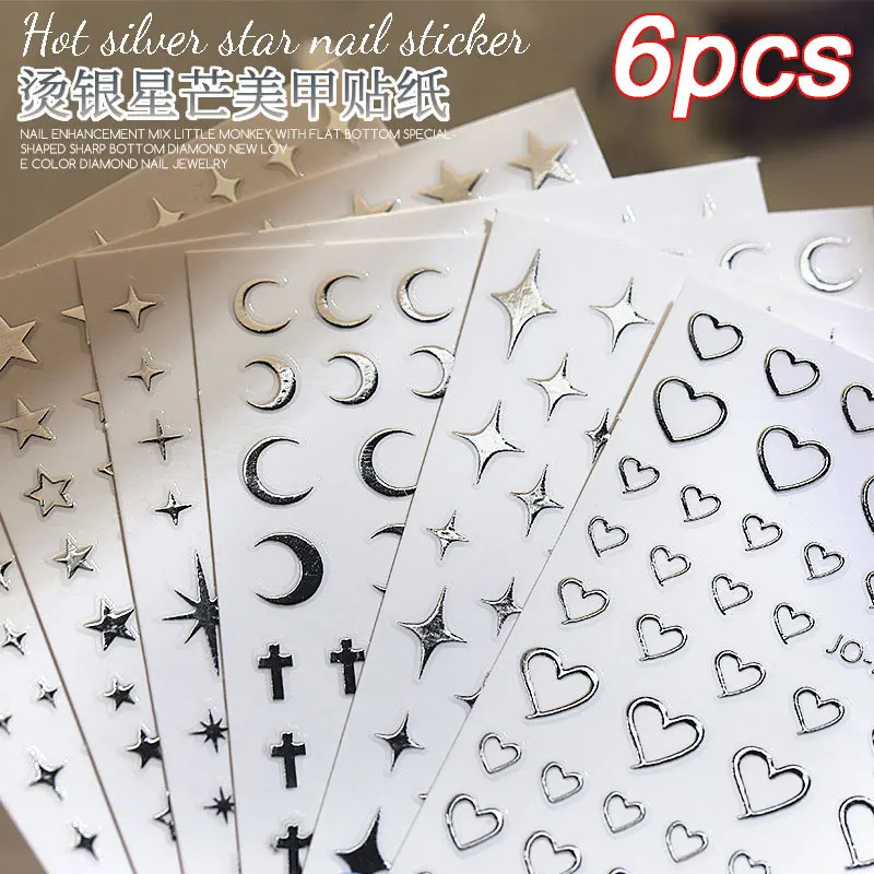 6pcs/set Metallic Silver Star/Moon/Heart Nail Sticker Y2K 3D Metal Mirror Effect Nail Decal 8*10cm Self-Adhesive Decoration