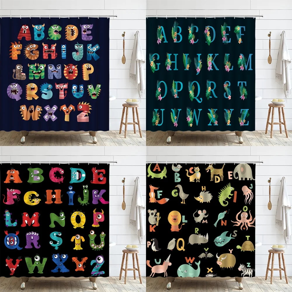 

Kids Alphabet Shower Curtain for Bathroom Decor ABC Educational Learning Baby Cartoon Animal Colorful Girl Boy Art Bath Curtains