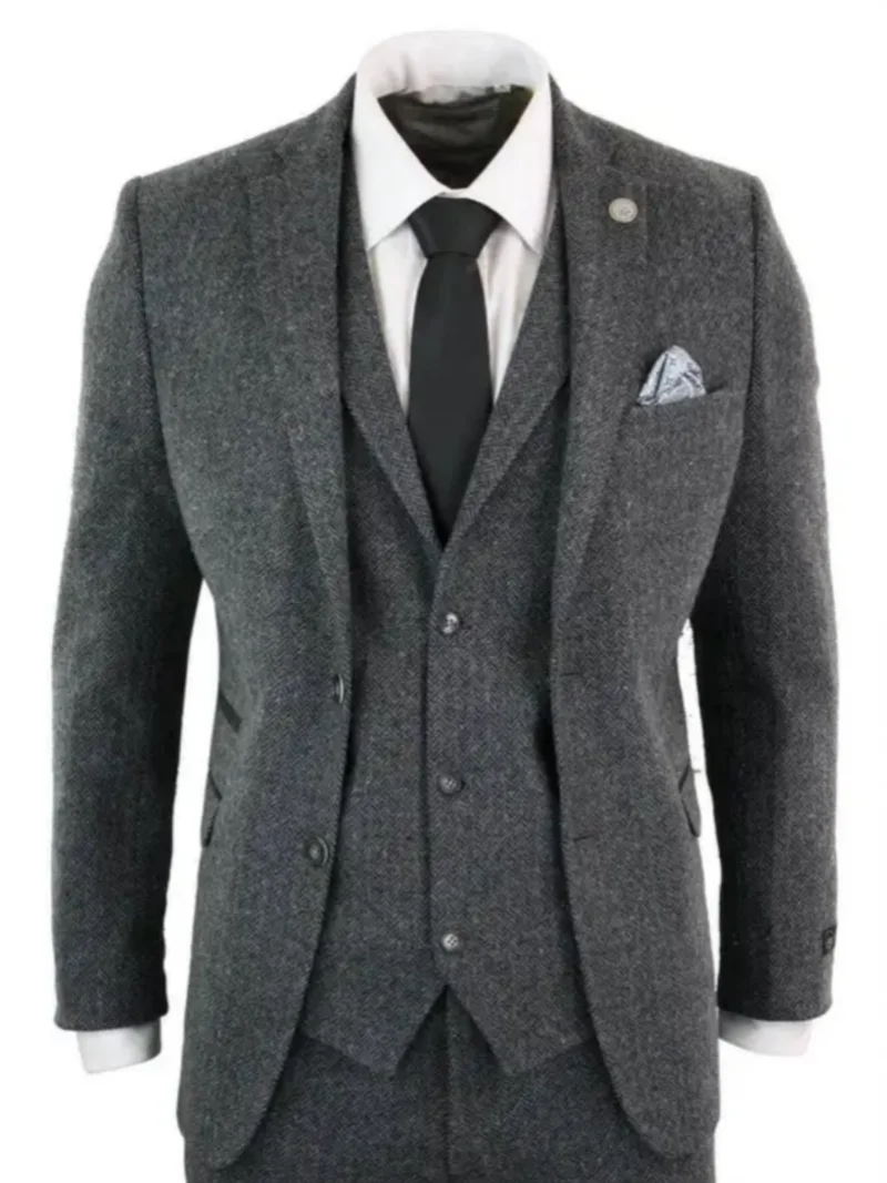 3 Piece Gray Wool Tweed Winter Suit for Men Herringbone Slim Fit Formal Groom Tuxedo Wedding Male  Suits (Jacket+Vest+Pants) 3