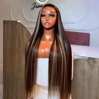 Straight Highlight Honey Blonde Ombre Color Synthetic 13X4 HD Lace Frontal Wig For Women Prepucked With Baby Hair Glueless Wig
