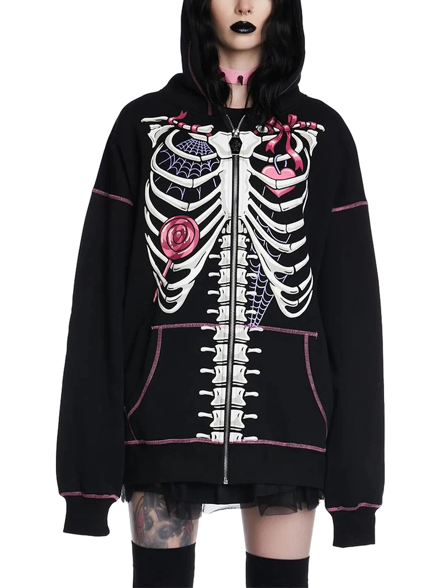 

Y2K Harajuku Gothic Women Hoodies Butterfly Skeleton Diamonds Jacket Vintage Oversized Sweatshirt E-girl Hip Hop Streetwear