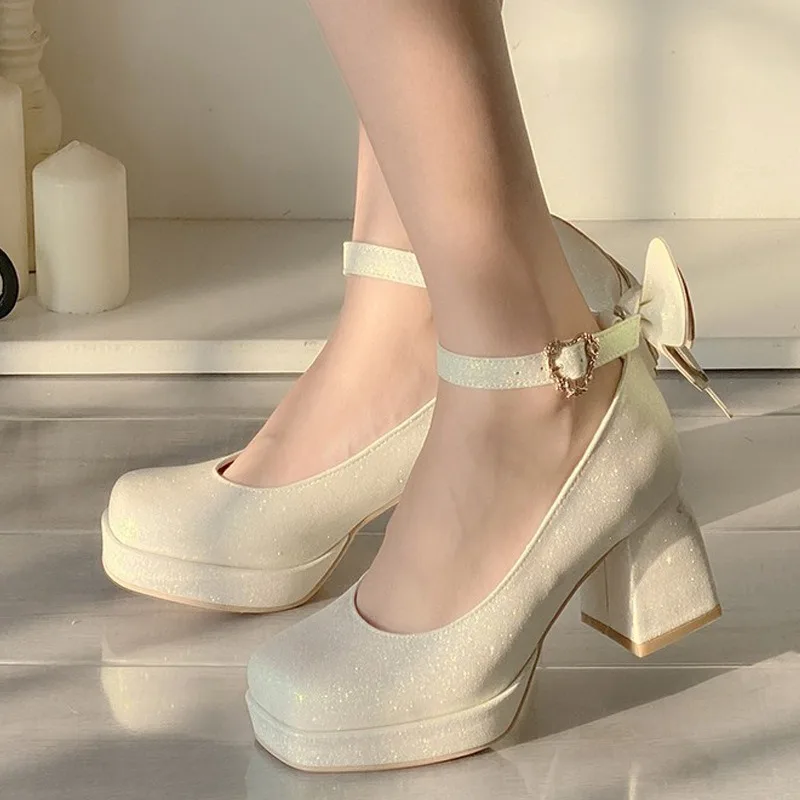 

Lolita Chunky Platform Pumps Women Glitter Heels Mary Jane Shoes Ankle Strap Sweet Bow High Heeled Cosplay White Shoes