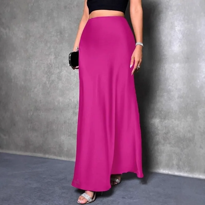 Women's Solid Satin Long Skirt Summer Elegant A-Line Maxi Skirts For Women Casual Office Lady Simple Skirts 4