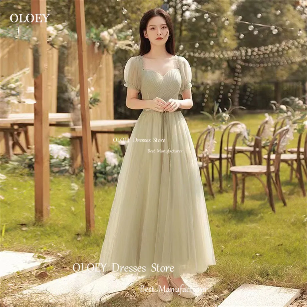 

OLOEY Pastrol Green Tulle A Line Square Collar Korean Lady Evening Gown Dress Ankle Length Short Sleeve Corset Back Prom Gowns
