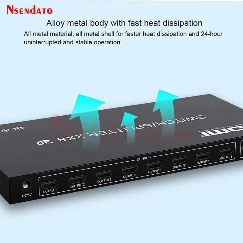 4K 60Hz HDMI Switch Splitter 2x8 Splitter Switch HDMI 2 in 8 out Audio Video Switcher for PS3 PC To HDTV Monitor Projector
