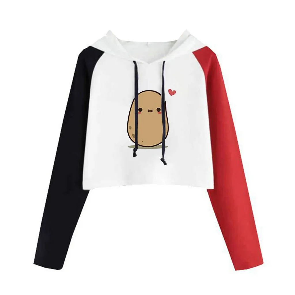 

Cute Potato Print Women'S Hoodies Japanese Long Sleeve Crop Pullover Colorblock Sweatshirt Blouse Tops Harajuku Female Cloth