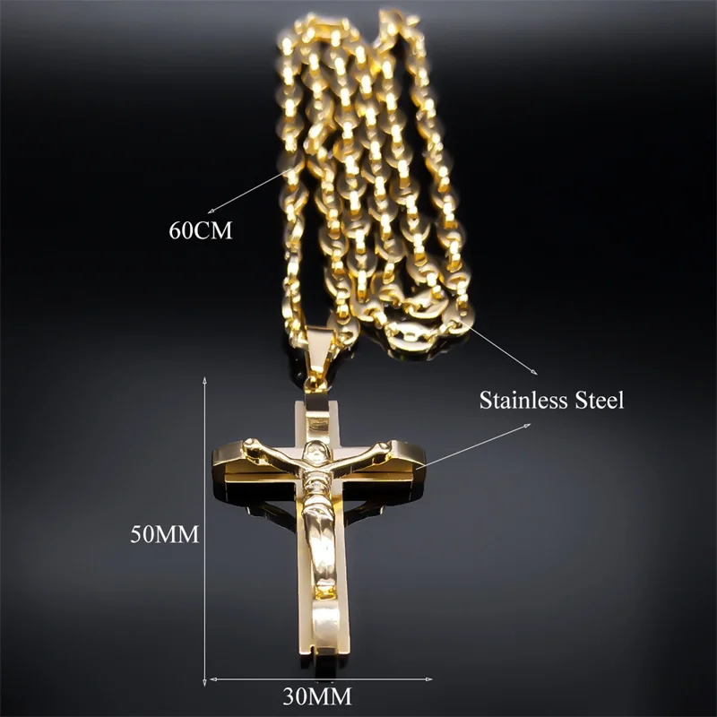 Jesus krzyż krucyfiks wisiorek naszyjnik dla mężczyzn ze stali nierdzewnej złoty kolor chrześcijański ziarna kawy łańcuch biżuteria croix chrétienne