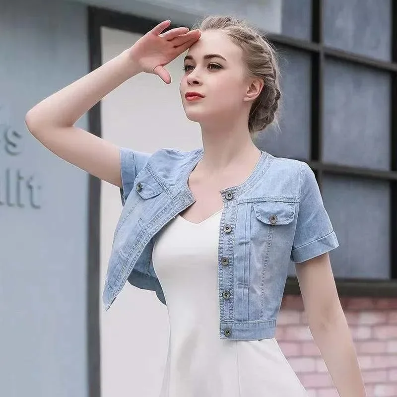Deeptown przycięte koszula dżinsowa z krótkim rękawem dla kobiet letnie koreańskie modne cienkie eleganckie i eleganckie bluzki dżinsowe Cauasl estetyczne