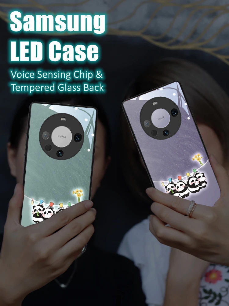 

Couple Panda LED Light Glowing Luminous Tempered Glass Back Phone Case for Samsung S24 S22 S23 Note 10 20 A14 A54 A73 Plus Ultra