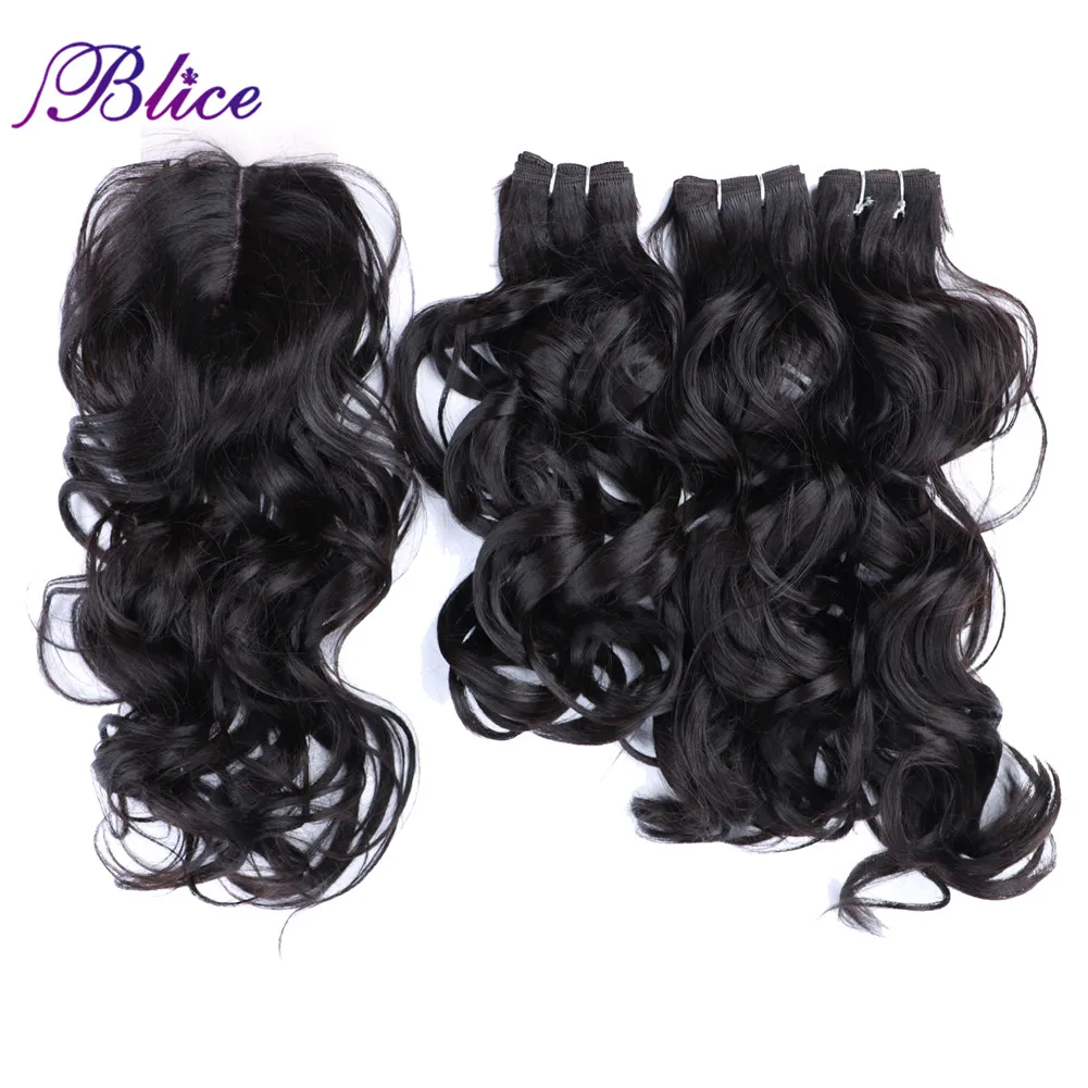 Blice Synthetic Hair Bundles With Closure Mixed Hair Extensions Curly Wave Style Natural Line Closure