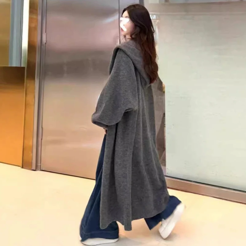 Korean Hooded Knitted Cardigan for Women Autumn Winter Casual Single Breasted Long Cardigan Woman Soft Solid Color Coats Female 4