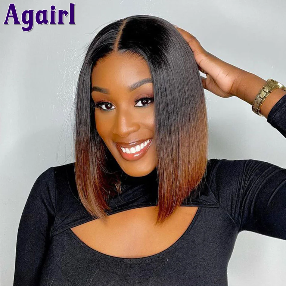 13x4 13X6 Ombre 1B/30 Straight Lace Frontal Short Bob Human Hair Wigs Black Roots with Brown PrePlucked 5X5 Lace Closure Bob Wig