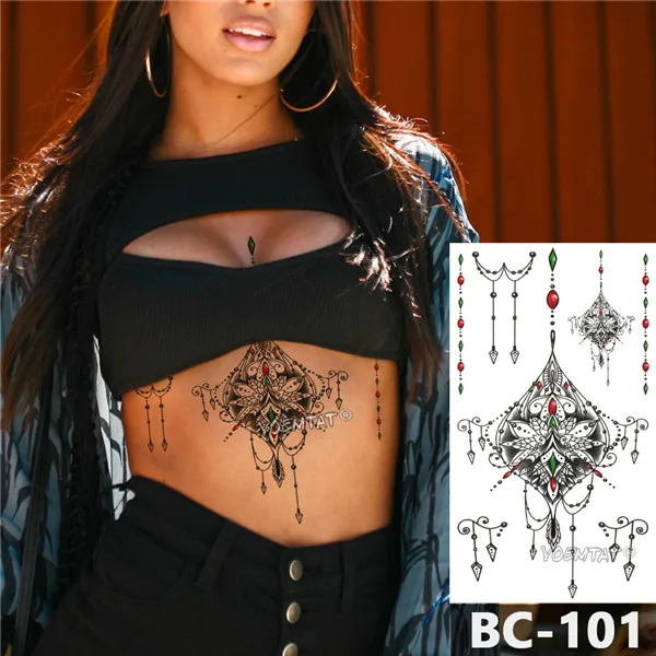 

1 Sheet Chest Body Waterproof Temporary Tattoo Sticker Jewelry Red Green Gem Pattern Decal Lace Bride Waist Art Tatoo For Women