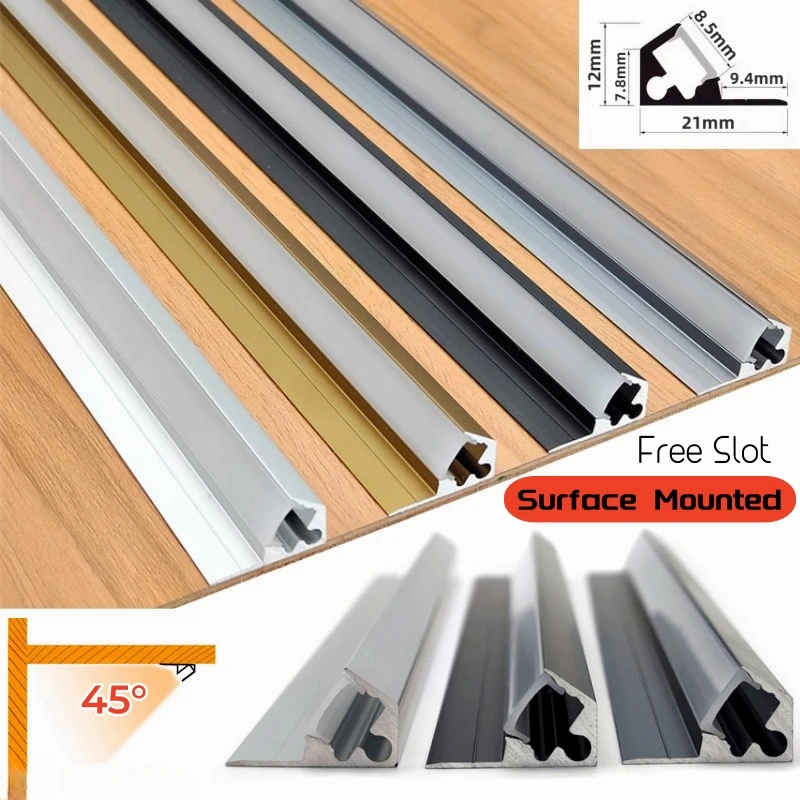 Ultra-thin LED Cabinet Shelf Edge Aluminum Profile 45° Backlight Hidden Channel Diffuser Closet Surface Mounted Bar Strip Lights