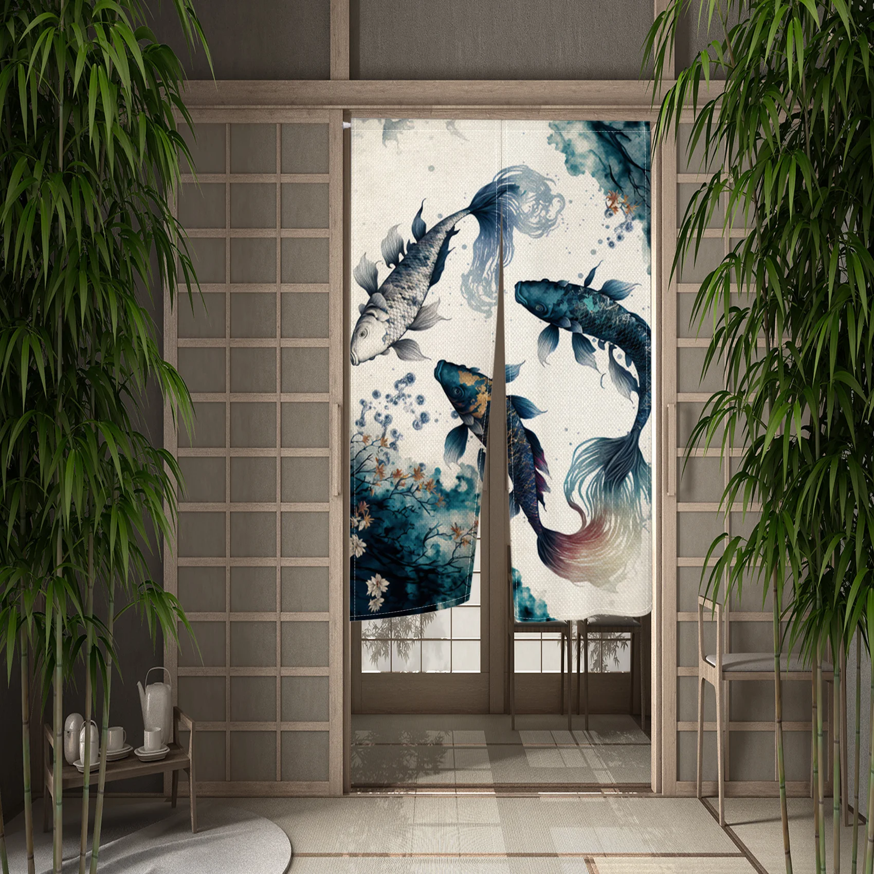 Japanese Koi Fish Door Curtain Fengshui Kitchen Bedroom Doorway Curtain Entrance Hanging Half-Curtain Partition Curtain Drape 4