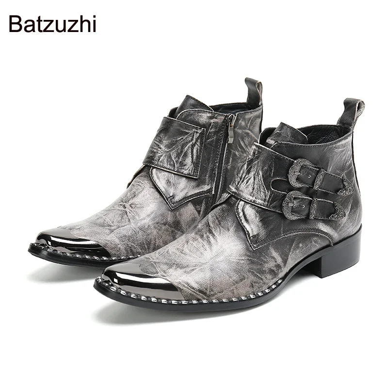 

Batzuzhi Metal Head Rock Leather Ankle Boots for Men Western Cowboy Men's Boots Buckles Bronze Motorcycle, Party Botas Hombre!