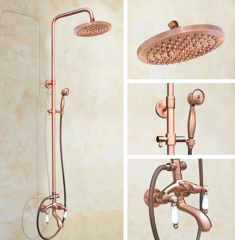 

Antique Red Copper Bathroom Faucet Set 8" Rainfall/Handheld Shower Faucets Kit Bathtub Hot And Cold Shower Water Taps Drg563