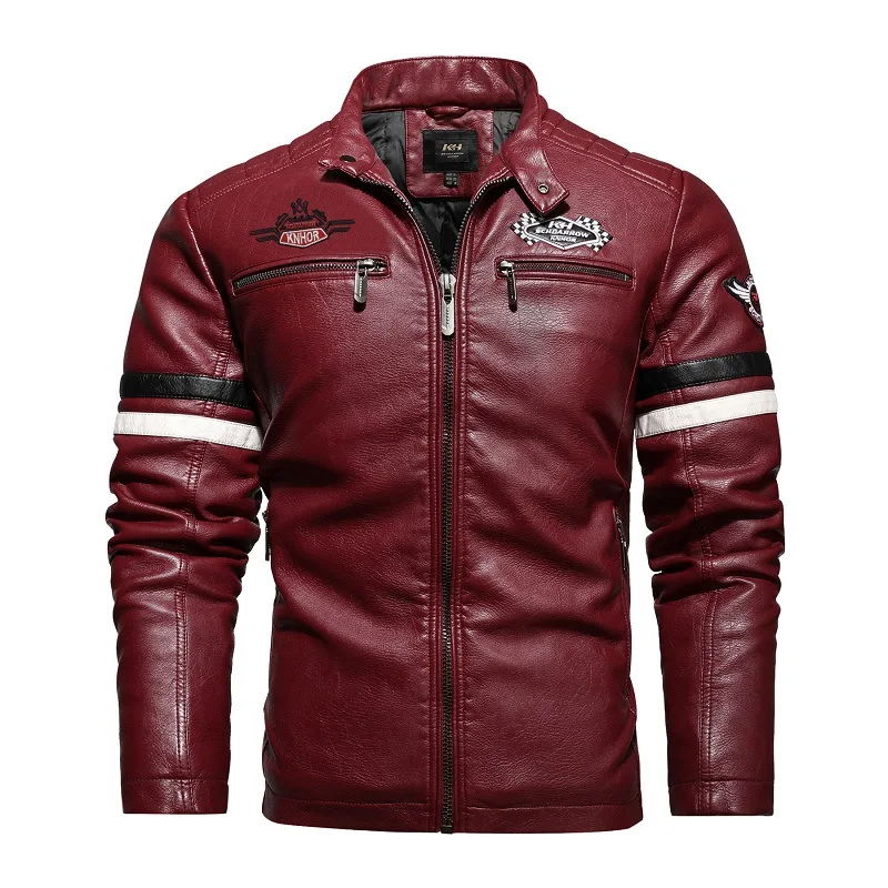 Men's Motorcycle Leather Jacket Autumn Casual Patchwork Vintage Overcoat Biker PU Embroidery Bomber Zipper Fleece Jackets Male leather bomber jacket Casual Faux Leather