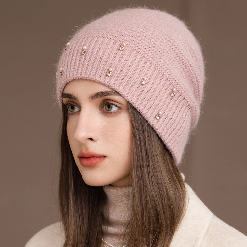 New Fashion Winter Women Hat Decorate Beanie Hat Rabbit Fur Blend Warm Winter Cap Y2K Female Casual Streetwear Knitted Hat