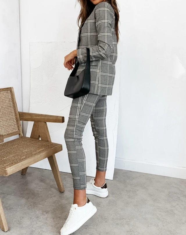 Checkered Printed Round Neck Suit Jacket and Drawstring Pants Set New Fashion Hot Selling Chic Women's Clothing