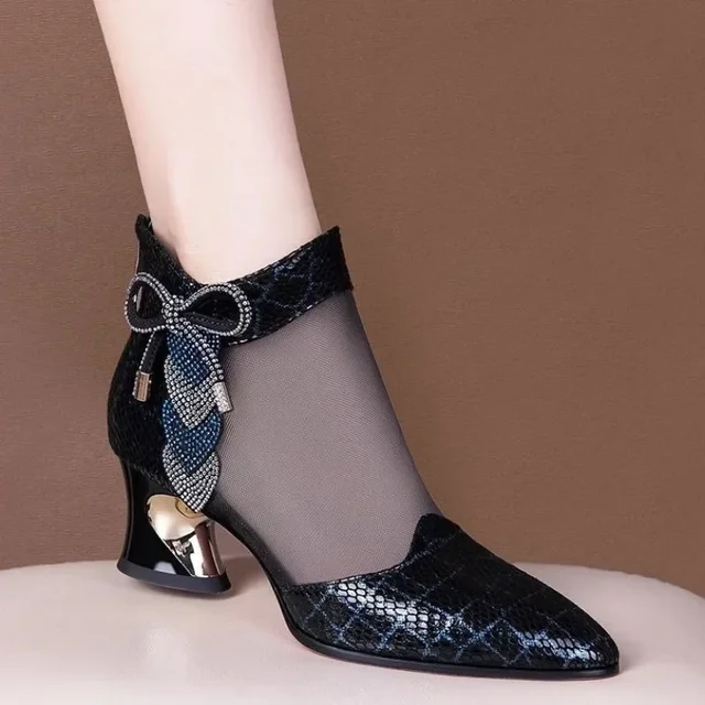 Women Sandals Rhinestone High Heels Boots Elegant Pointed Toe Women Banquet Wedding Shoes New Fashion Mesh Breathable Sandals 1