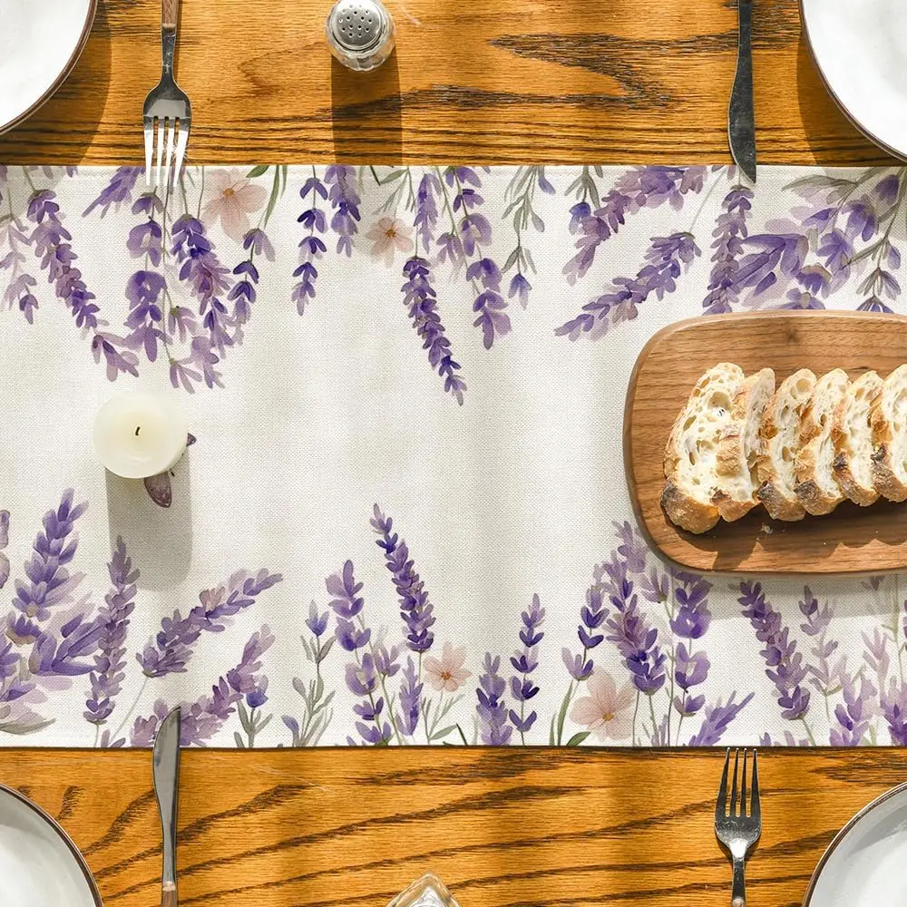 Spring Purple Lavender Floral Linen Table Runner Party Decor Reusable Farmhouse Kitchen Dining Table Runner Wedding Decorations macrame table runner