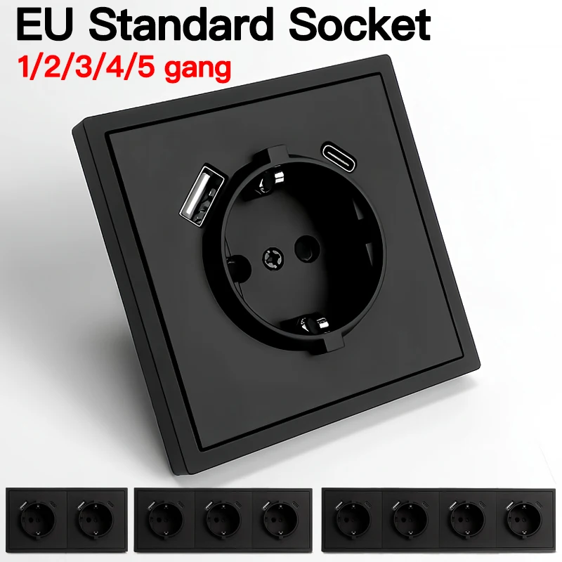 เต้ารับติดผนังแบบ Schuko มาตรฐาน EU 16A 250V, พอร์ตชาร์จ USB Type-C ขนาด 80×80 มม. แผงวงจรขนาดใหญ่, เต้ารับไฟฟ้าทันสมัยสำหรับห้องนอน 1